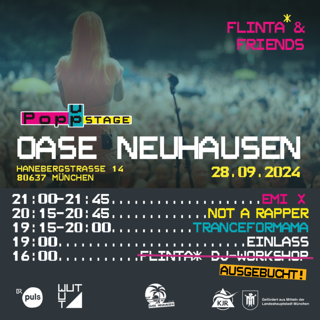 Ankündigungspost für Acts: EMI X, NOT A RAPPER, TRANCEFORMAMA

FLINTA* DJ-Workshop mit dem WUT-Kollektiv (Ausgebucht)